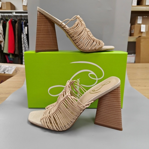 $140 SAM EDELMAN Laurette Block Heels Sandals Strappy Woven Elastic Almond 8.5 - Picture 2 of 10